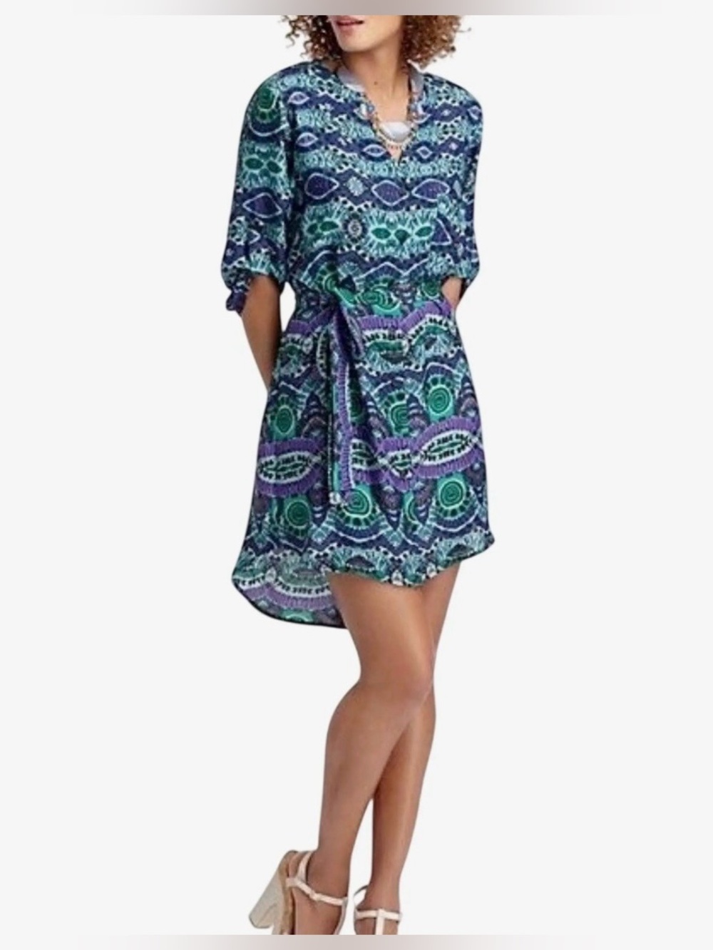 Maeve Anthropologie Teal Purple Geometric Print Belted Dress M